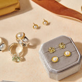 Jewelry set including earrings and rings on a beige surface with a jewelry box.