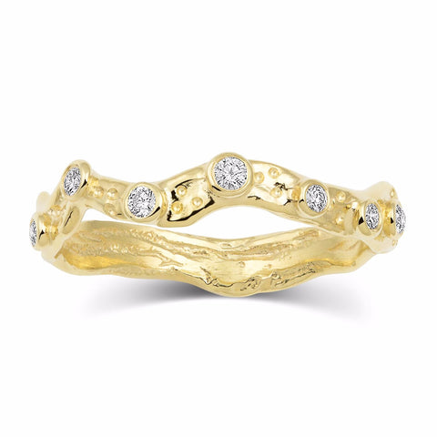 Kristen Baird Yellow Gold Alternative Wedding Band 7 Diamond Ring Ebb and Flow